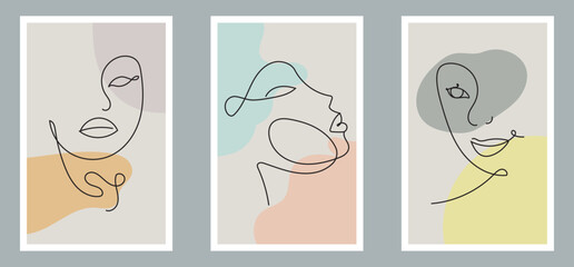 Modern abstract line minimalistic women faces and arts background with different shapes for wall decoration, postcard or brochure cover design. Vector illustrations design.
