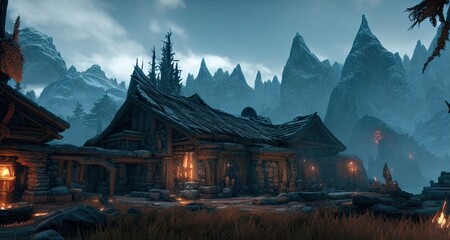 Fototapeta premium Environment in Elder Scrolls Skyrim - This Illustration is made with AI