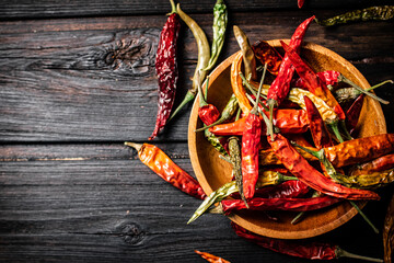 Pods of dried chili peppers in a plate. 