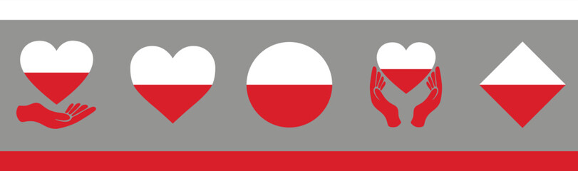 Poland flag. Polish icon. Official flag of poland. White-red round, heart and square shapes. Isolated button, emblem and label for national, sport and travel. Europe banner. Vector.