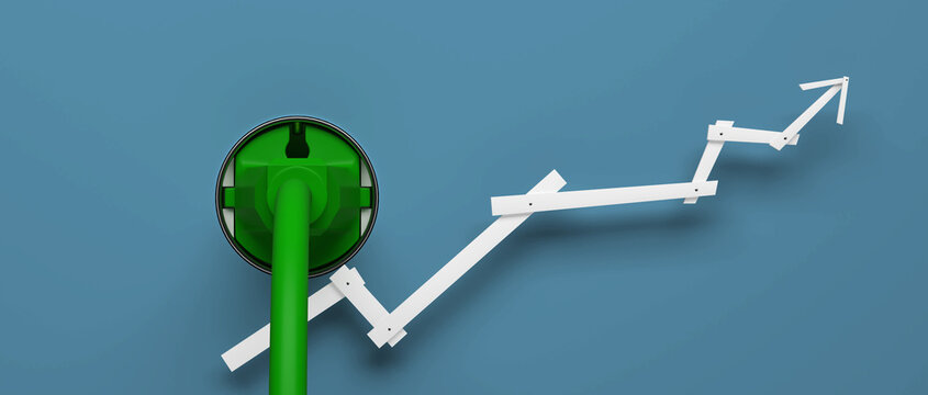 Power plugs with rising arrow in front of background - 3D Illustration