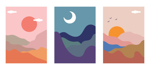 Abstract contemporary aesthetic backgrounds landscapes set with sunrise, sunset, night. Earth tones, pastel colors. Boho wall decor. Mid century modern minimalist art print. Flat design.
