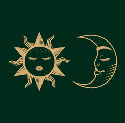 Set of beautiful golden mystical elements in boho style, sun and crescent moon with face. Design elements, tattoos, stickers. Linear vector illustration isolated on white background.
