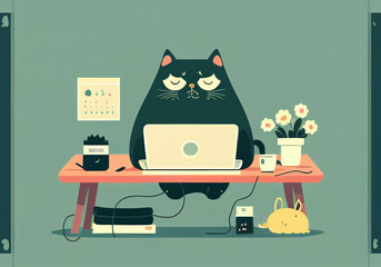 Cute cat works on laptop..