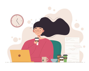 Flat style illustration vector of woman working late and drinking many cups of coffee. Concept of deadline working or working hard that destroy worker' s health. Unhealthy work. 