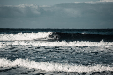 Fototapeta premium Arctic surfer in Unstad beach, Lofoten, Norway during cold winter time with big waves 