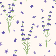 Fototapeta na wymiar Cute spring lavender pattern on a beige background. Vector seamless pattern with beautiful flowers. Lavender fabric design.