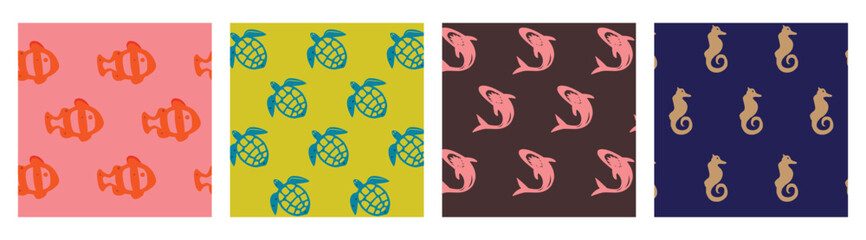 Set of hand drawn Fish, Turtle, whale and sea horse. Trendy Vector illustration. Flat design.