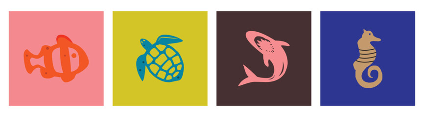 Set of hand drawn Fish, Turtle, whale and sea horse. Trendy Vector illustration. Flat design.