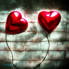 Deux coeurs rouges brillants, comme des ballons gonflés à l'hélium, flottant munis de ficelles, sur fond texturé et éclairé. - obrazy, fototapety, plakaty