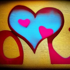 Coeur stylis&eacute; aux contours grenat et fond bleu ciel, contenant deux petits coeurs rouges ros&eacute;s, le tout soutenu par deux piliers courb&eacute;s.