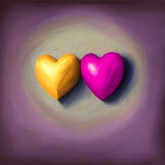 Deux coeurs pastels rose et jaune accol&eacute;s, entour&eacute;s d'un halo de lumi&egrave;re sur fond mauve.