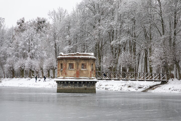 The abandoned water tower on the Willgaiten lake in the winter, Kaliningrad - 564265665
