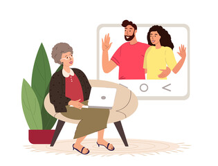 Adult children Woman, Man chatting with elderly Grandmom vector flat illustration.Aged Retired woman talking on online video call use computer Laptop.Family web communication.Flat Vector Illustration
