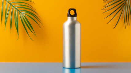 Aluminum blue bottle water placed on a wooden table in a restaurant or shop, 
Concept: Reduce...