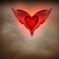 Coeur rouge entour&eacute; d'ailes rouges symbolisant l'ange ou le petit d&eacute;mon, flottant dans le ciel sur un fond nuageux.