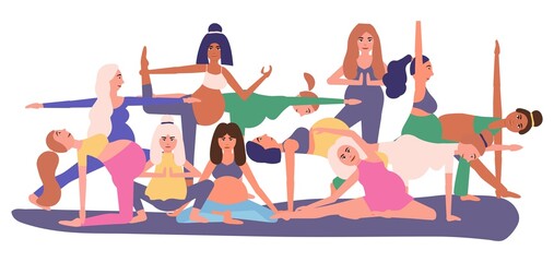 Beauty pregnant woman doing yoga poses. Hatha asanas complex,soft pregnant yoga. Health care and fitness concept. Active female characters. Place for text. Concept of a healthy pregnancy