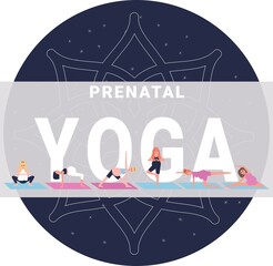 Prenatal yoga . yoga body posture. group of Woman practicing yoga. vector illustration design. Young beautiful pregnant women sitting in yoga poses. Pregnant Yoga. Vector illustration