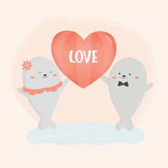 vector illustration of seals with heart illustration. two seals holding heart of love. flat design seals. animal wallpaper.