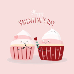 Cute cartoon muffin with inscription "Happy Valentine's Day!". Vector cartoon character on a cream background.