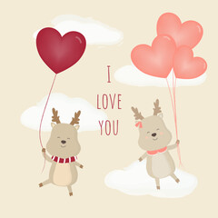 vector illustration of deer holding balloons with I love You background. two deer. flat design mouse. animal wallpaper.