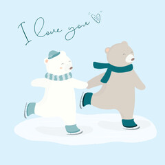 vector illustration of two bear in ice skating. two bears animal getting skating. flat design animal. animal wallpaper