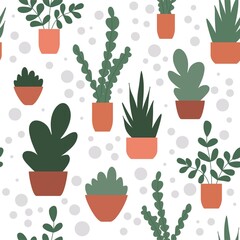 Seamless pattern with flowers in pots. Vector Hand drawn background for design and card, covers, package, wrapping paper.