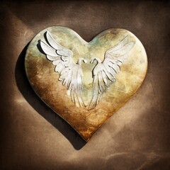 Coeur de pierre entour&eacute; d'un halo de lumi&egrave;re, avec des ailes d'ange en forme d'oiseau ou de Ph&eacute;nix, pos&eacute; dessus.