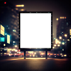 Blank billboard on night street. Outdoor advertising poster at night time with street light bokeh. Generative AI - obrazy, fototapety, plakaty
