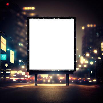 Blank billboard on night street. Outdoor advertising poster at night time with street light bokeh. Generative AI