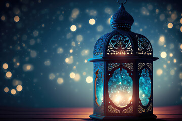 Obraz na płótnie Canvas Ramadan Kareem - Moon And Arabian Lantern With Blue Sky At Night With Abstract Defocused Lights - Eid Ul Fitr (ai generated)