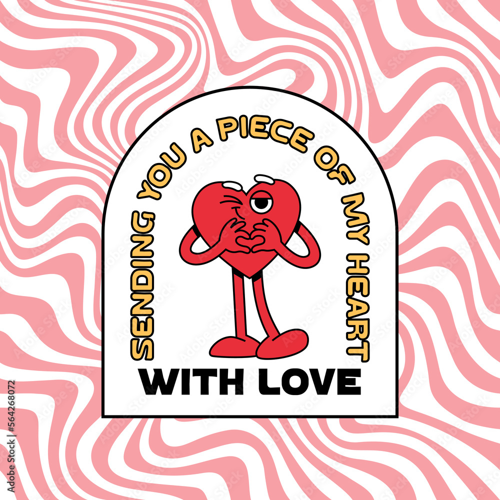 Aufkleber vector winking heart in retro groovy style on wavy background. declaration of love illustration. hap