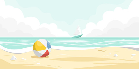 Fototapeta na wymiar Beach cartoon scene, Ball on sand beach with calm sea view, Vector illustration.