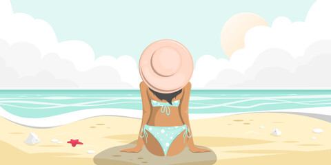 Fototapeta na wymiar Beach cartoon scene, woman sitting on sand beach with calm sea view, Vector illustration.