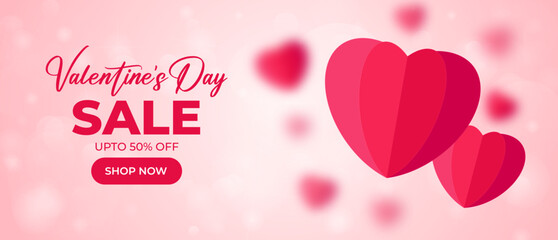 Beautiful love happy valentines day sale banner with paper hearts and pink background