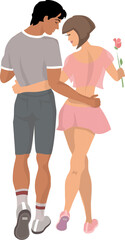 Fototapeta premium The guy and the girl are hugging. Back view. The girl is holding a rose in her hand.