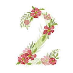 Number 2 two red watercolor wild flowers design