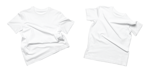 White flying cotton T-shirt isolated on white background. With clipping path. Clean white t-shirt for women or men. Classic Basic Unisex T-shirt. Branding clothes front view Mock up 