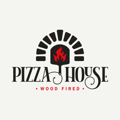 Pizza logo with pizza shovel and oven flame - 564269893