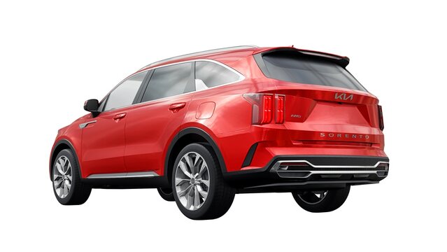 Dallas, USA. January 24, 2023. KIA Sorento 2022. Red mid-size SUV for family and work on a white background. 3d rendering.