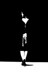 let's talk a little about BDSM.  Silhouettes of a girl with BDSM toys. Black and white image of a woman in BDSM style.