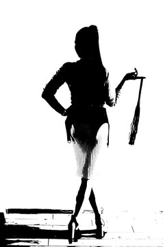 let's talk a little about BDSM.  Silhouettes of a girl with BDSM toys. Black and white image of a woman in BDSM style.