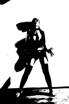 let's talk a little about BDSM.  Silhouettes of a girl with BDSM toys. Black and white image of a woman in BDSM style.