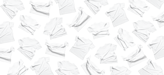 Pattern from White flying cotton T-shirt isolated on white background. With clipping path. Clean white t-shirt for women or men. Classic Basic Unisex T-shirt. Branding clothes Mock up