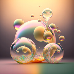 Generative AI Illustrations of colored soap bubbles on a colorful background. Abstract transparent bubbles. Generative AI