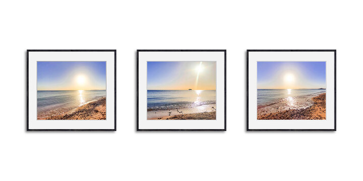 Three frames collage with pictures of colorful sunrise over the sea