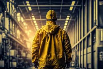 Fototapeta na wymiar Back of the worker which is wearing yellow coverall uniform is standing on working factory background. Industrial working scene. Generative Ai image.