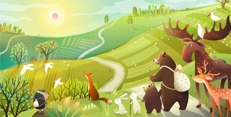 Hiking animals backpack and travel adventures. Bear, moose backpack hiking tale in wild nature scenery. Animals in countryside panoramic landscape. Hand drawn vector illustration in watercolor style. © Popmarleo