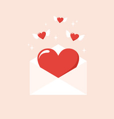 Paper envelope with red heart inside and flying winged hearts on beige background. Flat vector illustration