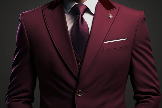 Close-up at a gentleman in burgundy red formal business suit, the manager or businessman costume style. Generative Ai image